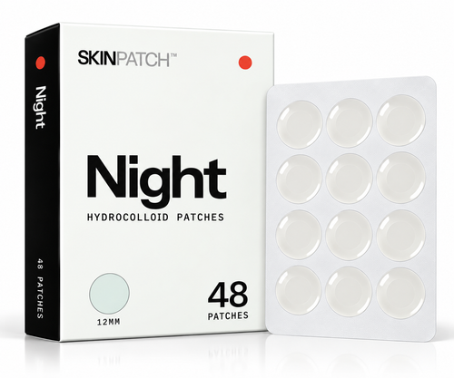 SKINPATCH Night box, 48 overnight hydrocolloid acne patches, with a blister sheet of 12 mm patches