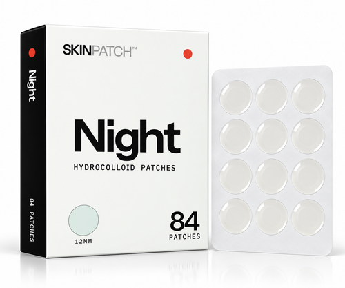SKINPATCH Night box, 84 overnight hydrocolloid acne patches, with a blister sheet of 12 mm patches