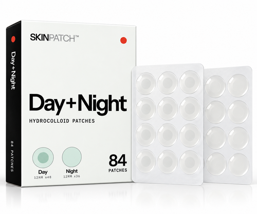 SKINPATCH Day+Night combo box, 84 hydrocolloid acne patches, with two blister sheets of day and night patches