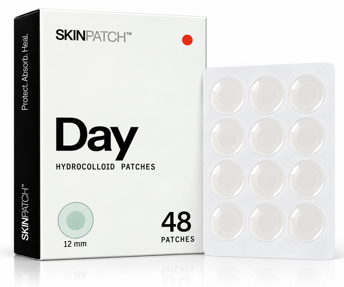SKINPATCH Day box, 48 invisible daytime hydrocolloid acne patches, with a blister sheet of 12 mm patches