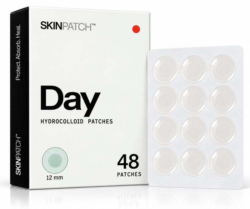 SKINPATCH Day box, 48 invisible daytime hydrocolloid acne patches, with a blister sheet of 12 mm patches