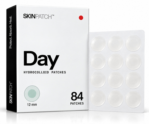 SKINPATCH Day box, 84 invisible daytime hydrocolloid acne patches, with a blister sheet of 12 mm patches