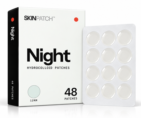 SKINPATCH Night box, 48 overnight hydrocolloid acne patches, with a blister sheet of 12 mm patches