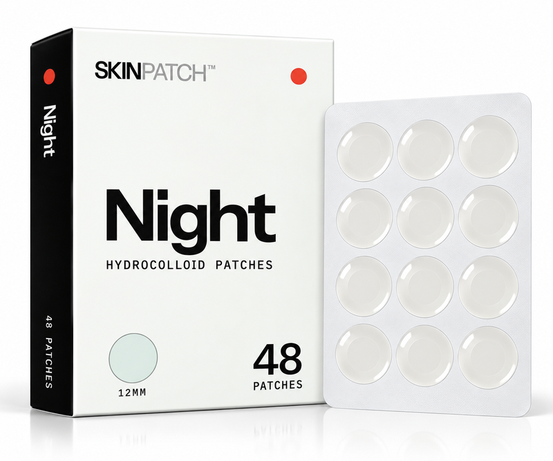 SKINPATCH Night box, 48 overnight hydrocolloid acne patches, with a blister sheet of 12 mm patches