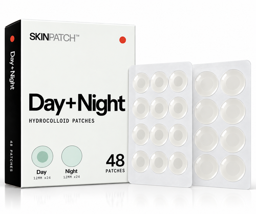 SKINPATCH Day+Night combo box, 48 hydrocolloid acne patches, with two blister sheets of day and night patches