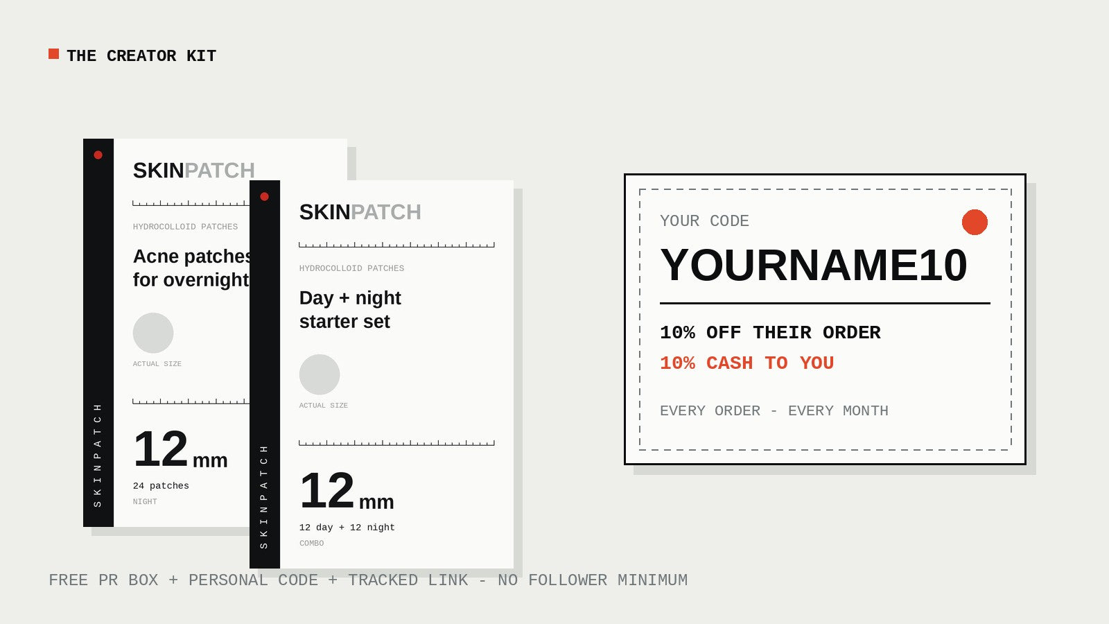 The SKINPATCH creator kit — PR boxes and a personal discount code card
