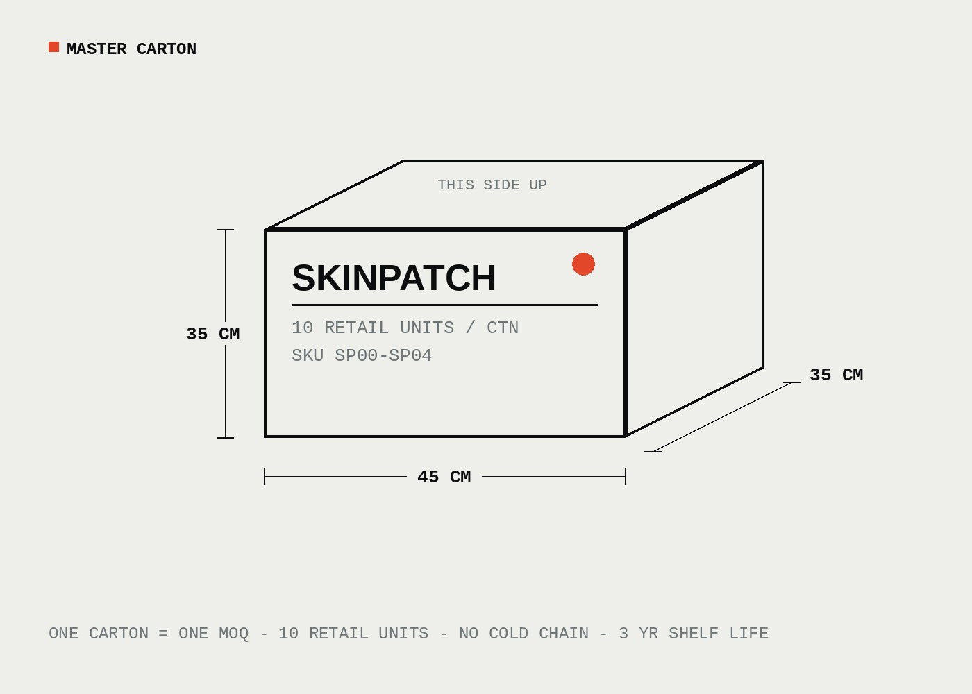 Master carton spec diagram — 45 by 35 by 35 centimetres, 10 retail units