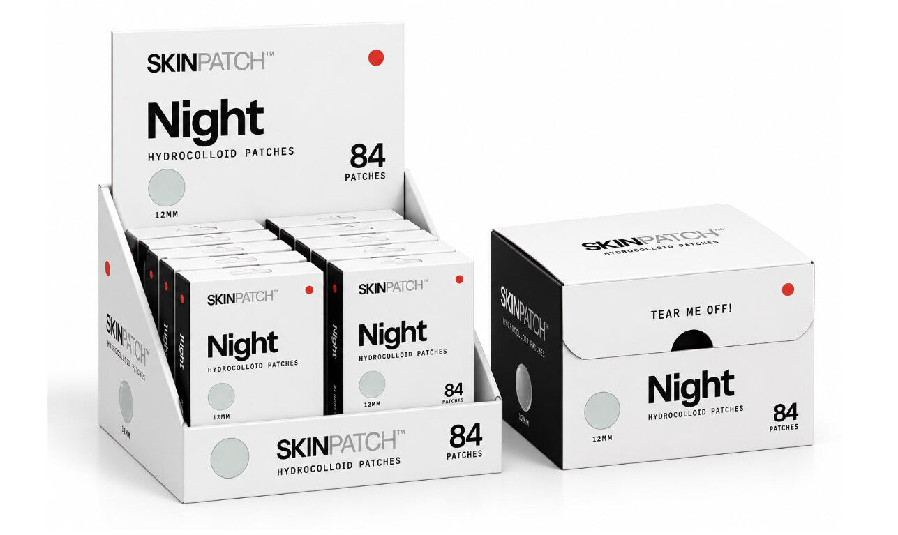 SKINPATCH Night 84 counter display — tear-off shipper box and a tray of retail units